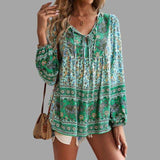 Blusa de mujer - Estilo bohemio - Mangas largas - Cuello en V con lazo - Corte holgado