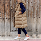 Chaleco sin mangas para mujer – Corte largo oversize – Acolchado con capucha – Bolsillos con cremallera