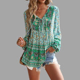 Blusa de mujer - Estilo bohemio - Mangas largas - Cuello en V con lazo - Corte holgado