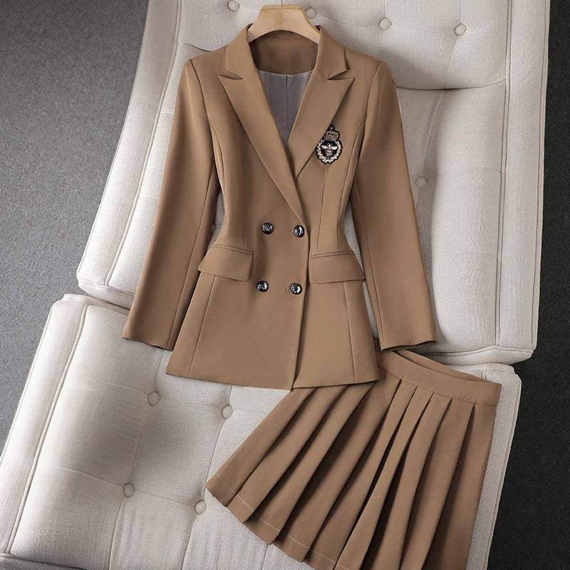 Traje de falda blazer para mujer – Corte entallado – Cruzado – Falda plisada hasta la rodilla