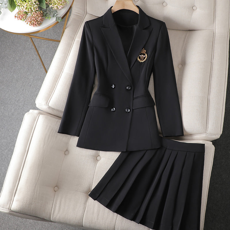 Traje de falda blazer para mujer – Corte entallado – Cruzado – Falda plisada hasta la rodilla