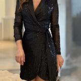 Vestido de mujer – Estilo cruzado – Mangas largas – Cuello en V – Lentejuelas elegantes