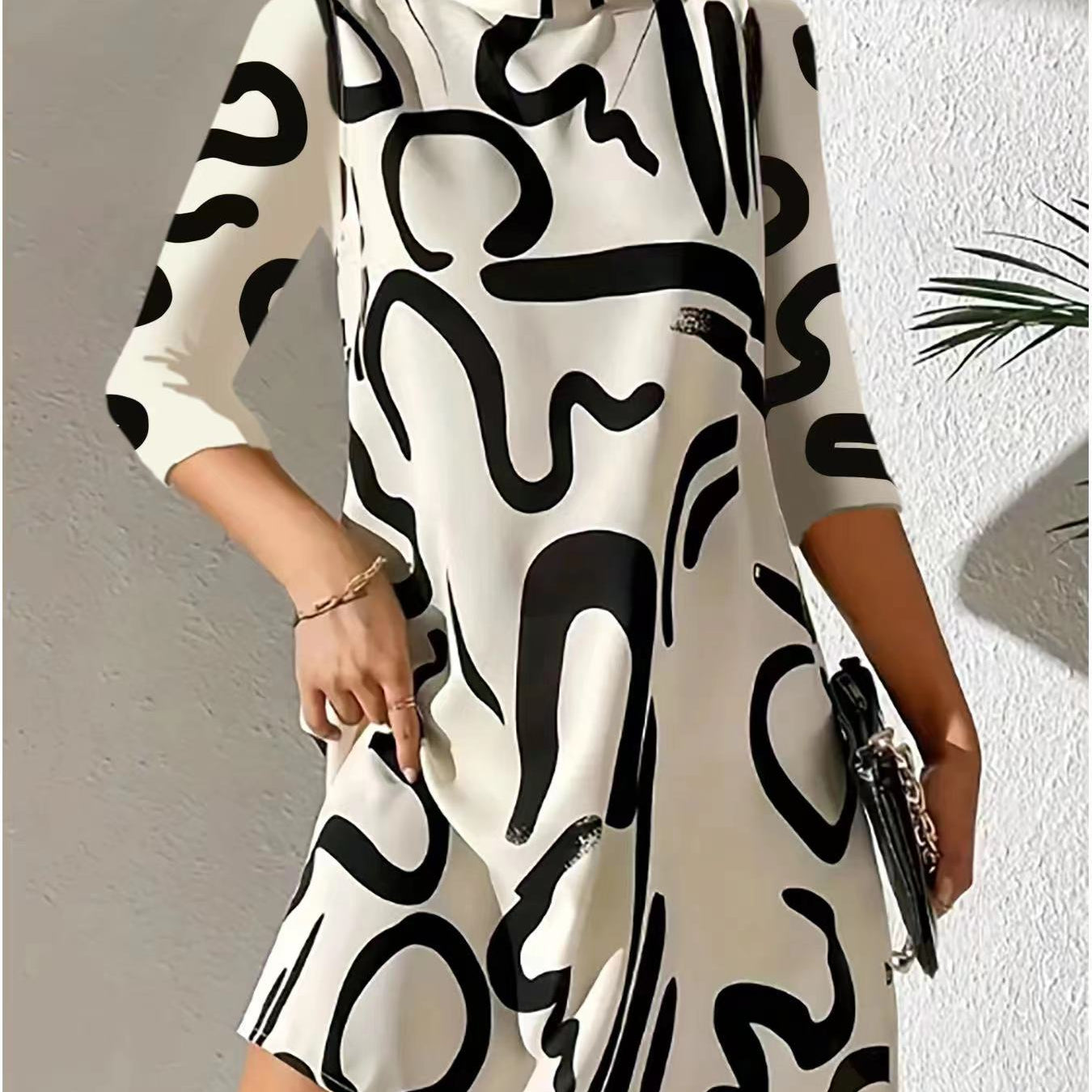 Minivestido para mujer – Corte holgado – Cuello alto – Mangas 3/4 – Tejido suave y transpirable