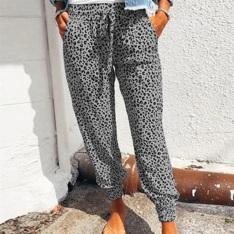 Pantalones anchos para mujer - Tejido ligero - Estampado de leopardo - Cintura elástica - Comodidad informal