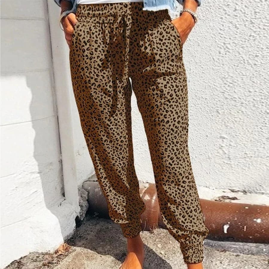 Pantalones anchos para mujer - Tejido ligero - Estampado de leopardo - Cintura elástica - Comodidad informal