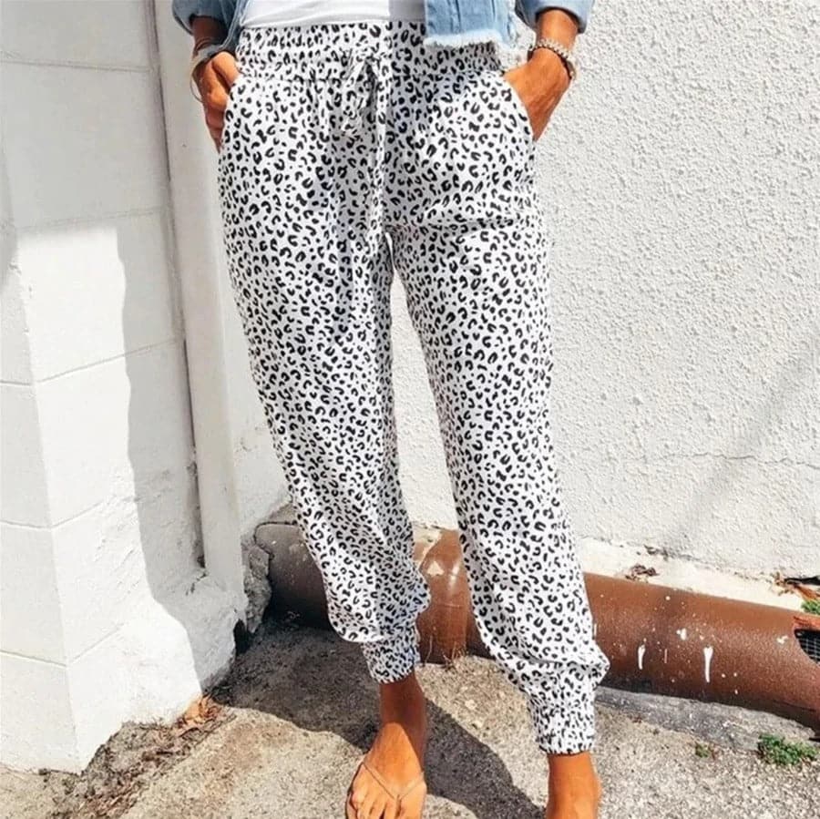 Pantalones anchos para mujer - Tejido ligero - Estampado de leopardo - Cintura elástica - Comodidad informal