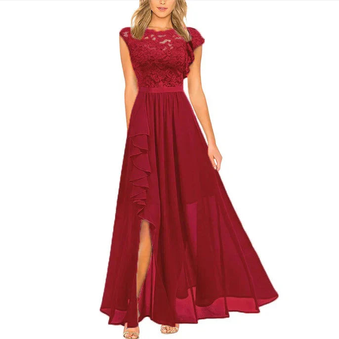 Vestido de noche para mujer: elegante encaje, cintura ajustada y falda larga con abertura.