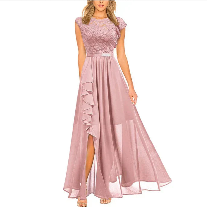 Vestido de noche para mujer: elegante encaje, cintura ajustada y falda larga con abertura.