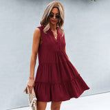 Vestido sin mangas para mujer - Corte acampanado - Volantes de moda - Cuello en V fluido