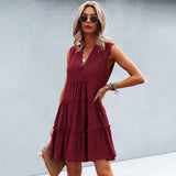 Vestido sin mangas para mujer - Corte acampanado - Volantes de moda - Cuello en V fluido