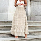 Falda midi elegante para mujer - Plisada con volantes de encaje vaporosos