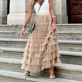 Falda midi elegante para mujer - Plisada con volantes de encaje vaporosos