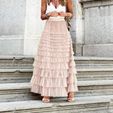 Falda midi elegante para mujer - Plisada con volantes de encaje vaporosos