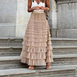 Falda midi elegante para mujer - Plisada con volantes de encaje vaporosos