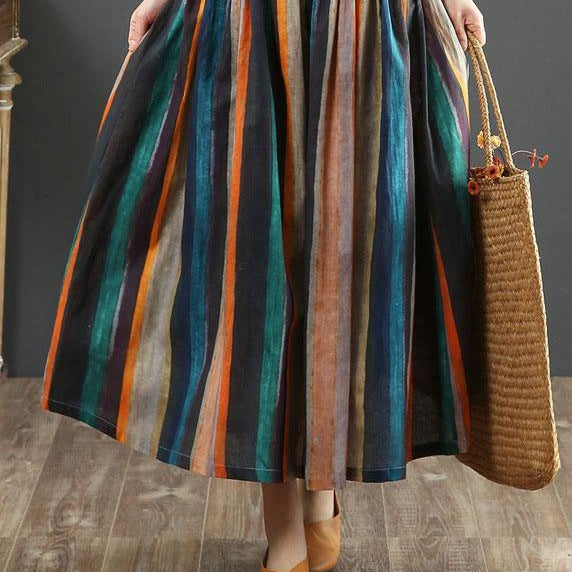 Falda midi de corte A para mujer – Estampado de rayas retro – Plisada – Fibras naturales – Ropa informal