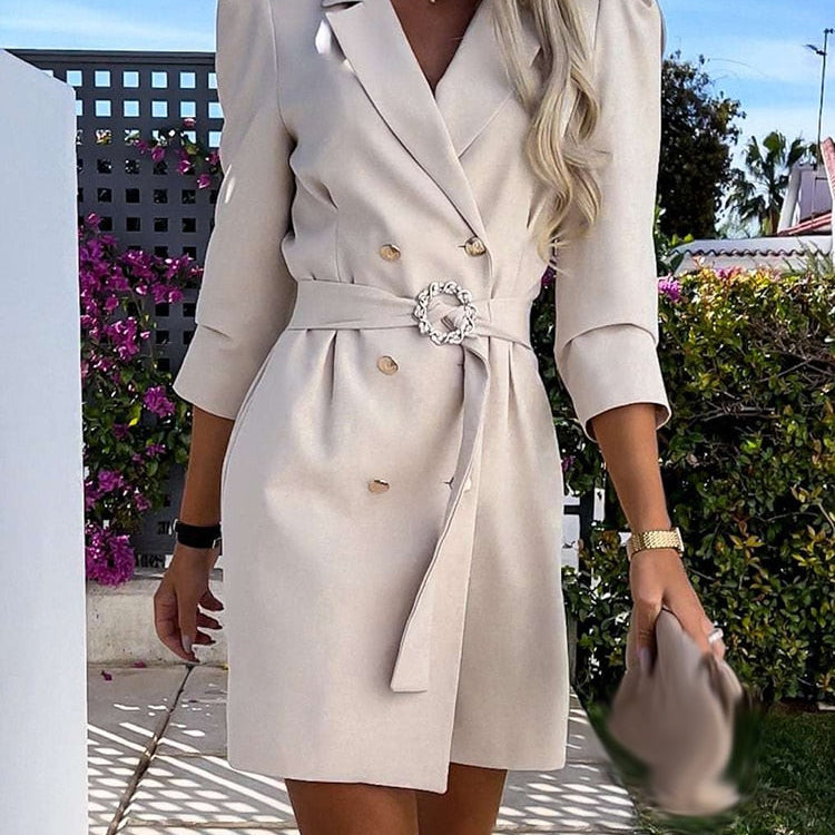 Vestido blazer de mujer – Corte entallado – Hombreras – Cruzado – Cinturón con hebilla