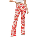 Pantalones acampanados para mujer - Cintura alta - Estampado floral - Ajuste cómodo