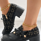 Zapatos de tacón grueso para mujer – Parte superior texturizada – Altura del tobillo – Lazo decorativo