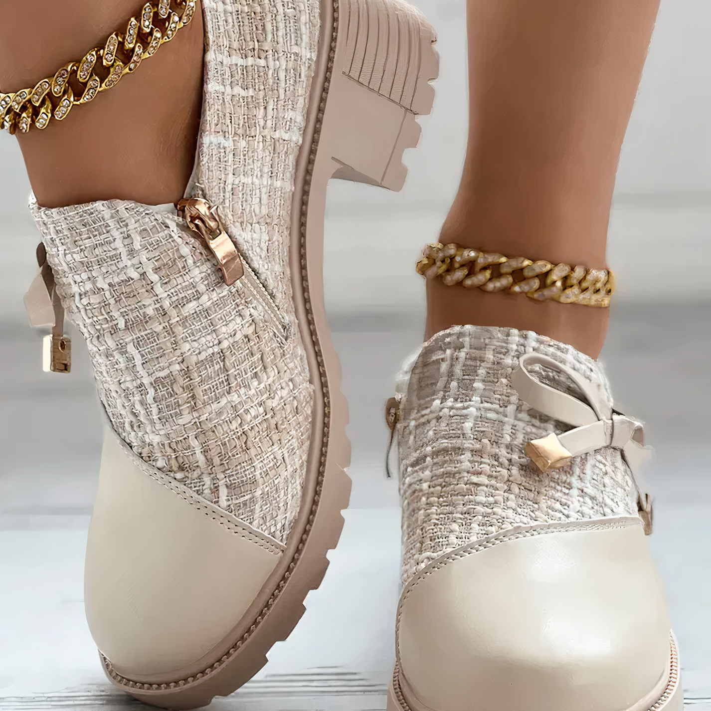 Zapatos de tacón grueso para mujer – Parte superior texturizada – Altura del tobillo – Lazo decorativo