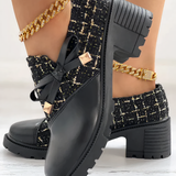 Zapatos de tacón grueso para mujer – Parte superior texturizada – Altura del tobillo – Lazo decorativo