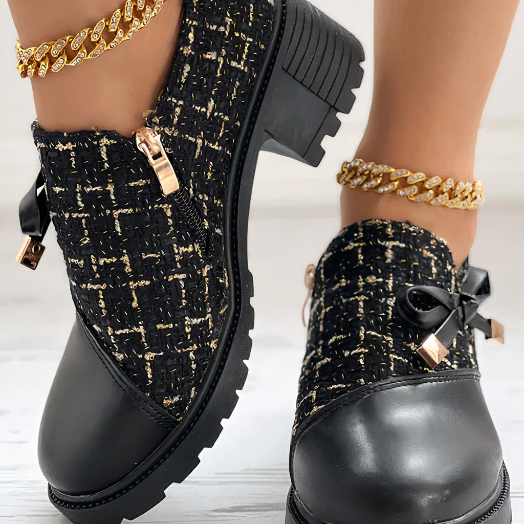 Zapatos de tacón grueso para mujer – Parte superior texturizada – Altura del tobillo – Lazo decorativo