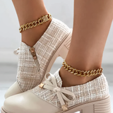 Zapatos de tacón grueso para mujer – Parte superior texturizada – Altura del tobillo – Lazo decorativo