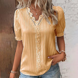 Blusa de mujer – Corte holgado – Mangas abullonadas – Cuello en V de encaje – Tejido transpirable