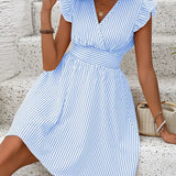 Vestido de mujer - Escote cruzado - Mangas con volantes - Cintura ajustada - Falda acampanada