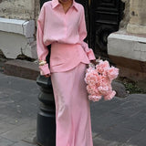 Conjunto de dos piezas: vestido camisero liso de manga larga, de estilo urbano elegante y creativo.