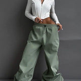 Pantalones cargo casuales de cintura alta y pierna ancha con cordón.