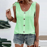 Blusa sin mangas para mujer - Cuello redondo abotonado - Tejido texturizado elegante - Lazos en los hombros