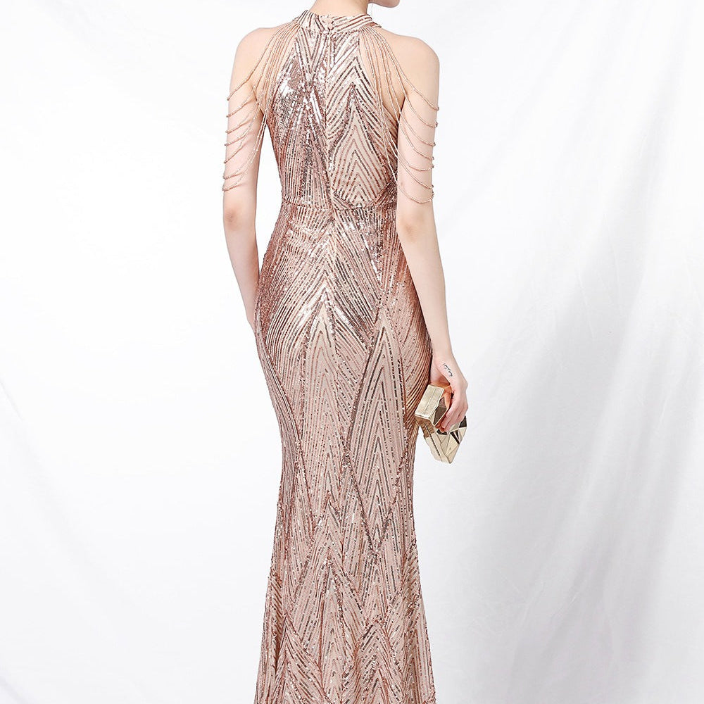 Vestido de noche largo sirena con lentejuelas y espalda abierta