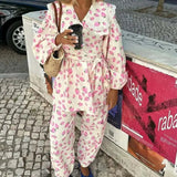 Conjunto de dos piezas con pantalón rosa estampado Peter Pan, largo 7/8, ideal para la oficina