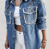 Abrigo largo en denim en contraste con perlas