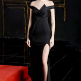 Vestido de noche largo de sirena con abertura en los hombros