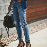 Jeans rectos para mujer - Cintura alta - Denim elástico - Estilo desgastado cómodo