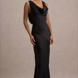 Vestido de noche sirena de satén con cuello vuelto