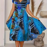 Vestido de mujer - Corte en A - Elegante escote en V - Mangas cortas - Estampado abstracto