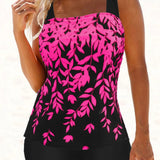 Tankini para mujer – Conjunto cómodo – Estampado de hojas – Corte holgado – Buena cobertura