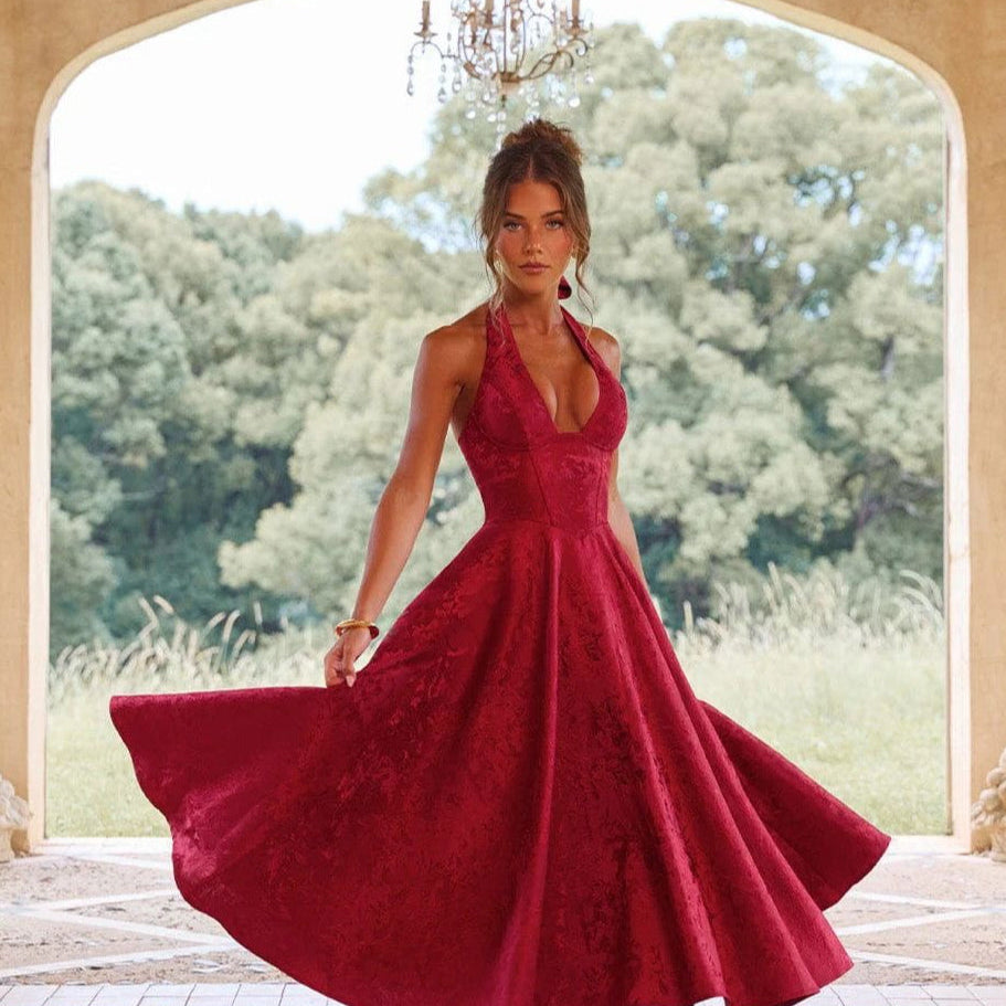 Vestido de noche jacquard con espalda abierta y escote en pico