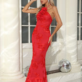 Vestido de noche sexy ajustado con espalda abierta y bordado floral 3D