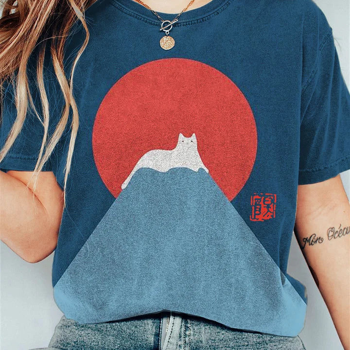 Camiseta de mujer - Cuello redondo - Manga corta - Corte holgado - Estampado gráfico de gato