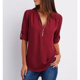 Blusa de mujer – Corte holgado – Tejido transpirable – Media cremallera – Mangas 3/4 enrollables