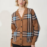 Cárdigan holgado de punto a cuadros retro de talla grande con cuello en V