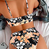 Bikini para mujer – Cintura alta – Estilo camiseta de tirantes – Estampado floral – Tejido transpirable