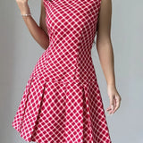 Vestido sin mangas para mujer - Corte entallado - Estampado de cuadros - Falda acampanada