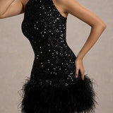 Vestido de noche ajustado con lentejuelas brillantes y esponjosas.