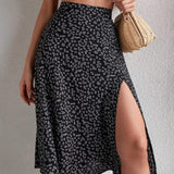 Falda midi para mujer - Cintura alta - Abertura lateral - Tejido ligero y fluido - Estampado floral