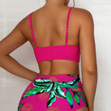Bikini para mujer - Top cruzado con tirantes ajustables - Braguita de cintura alta con estampado tropical