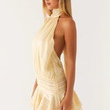 Elegante minivestido sin espalda en satén jacquard a rayas